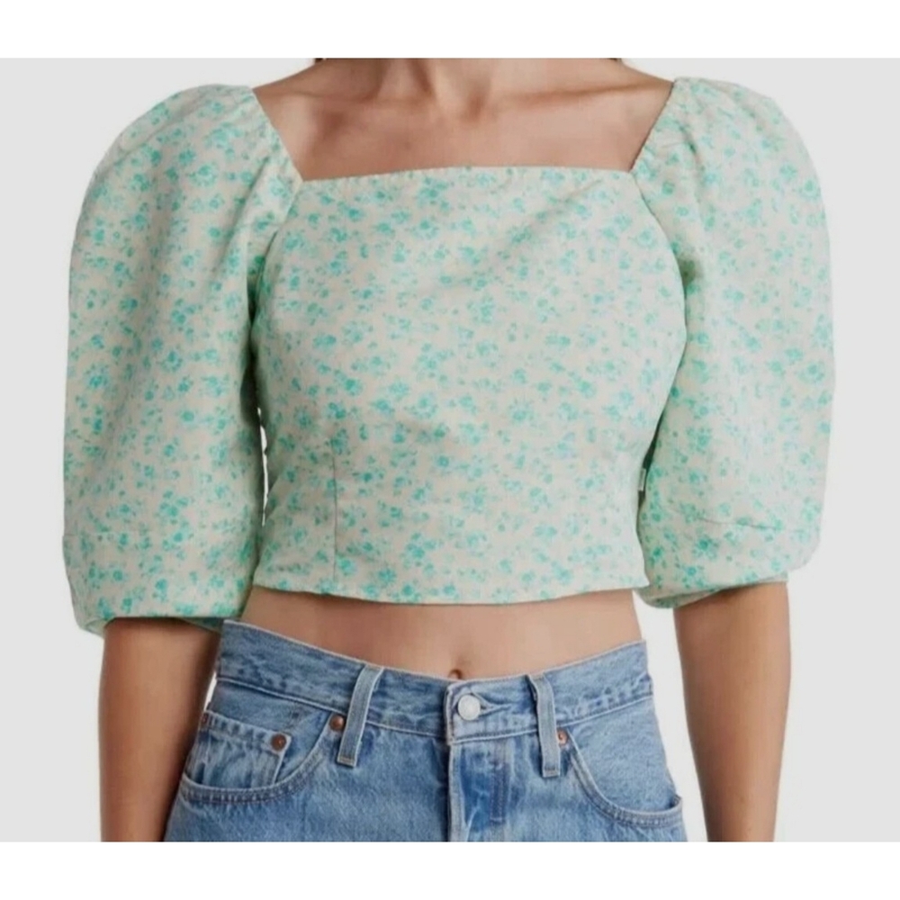 Levi's Yvie Smocked Bodice  Puff Sleeve Crop Top Teal Floral Size L